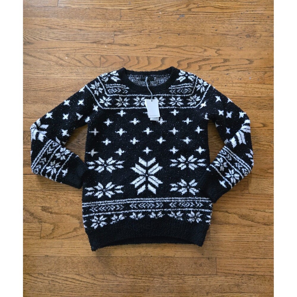 Barefoot Dreams CozyChic Black Fair Isle Seaside Crew-Neck Pullover XS NWT